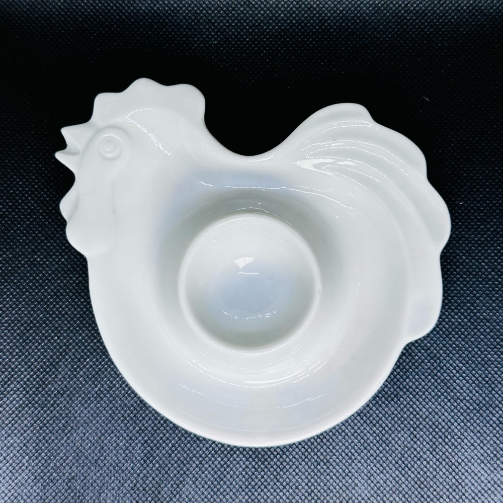 Vintage Egg Cup Rooster Chicken Hen Flat Figural White Porcelain Plate 5” x 4.5”